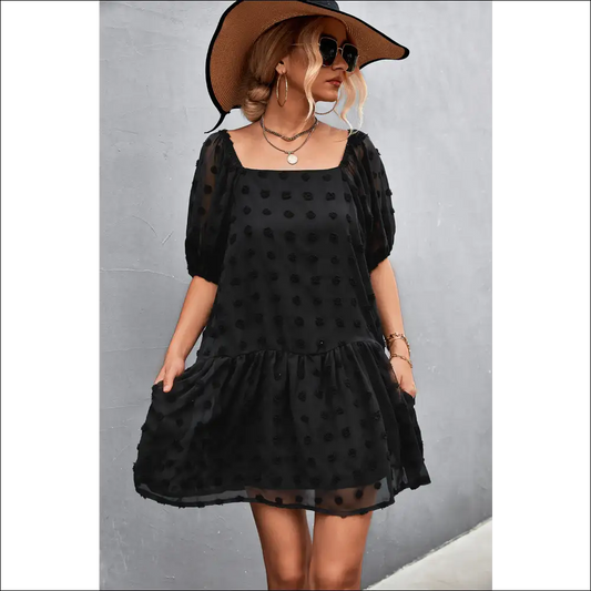 Swiss Dot Square Neck Half Balloon Sleeve Dress - Black / Xl - Dresses on Sale Worldwide Shipping