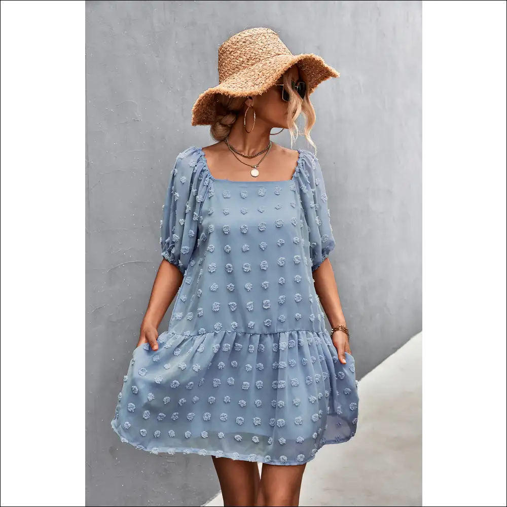 Swiss Dot Square Neck Half Balloon Sleeve Dress - Blue / Xl - Dresses on Sale Worldwide Shipping