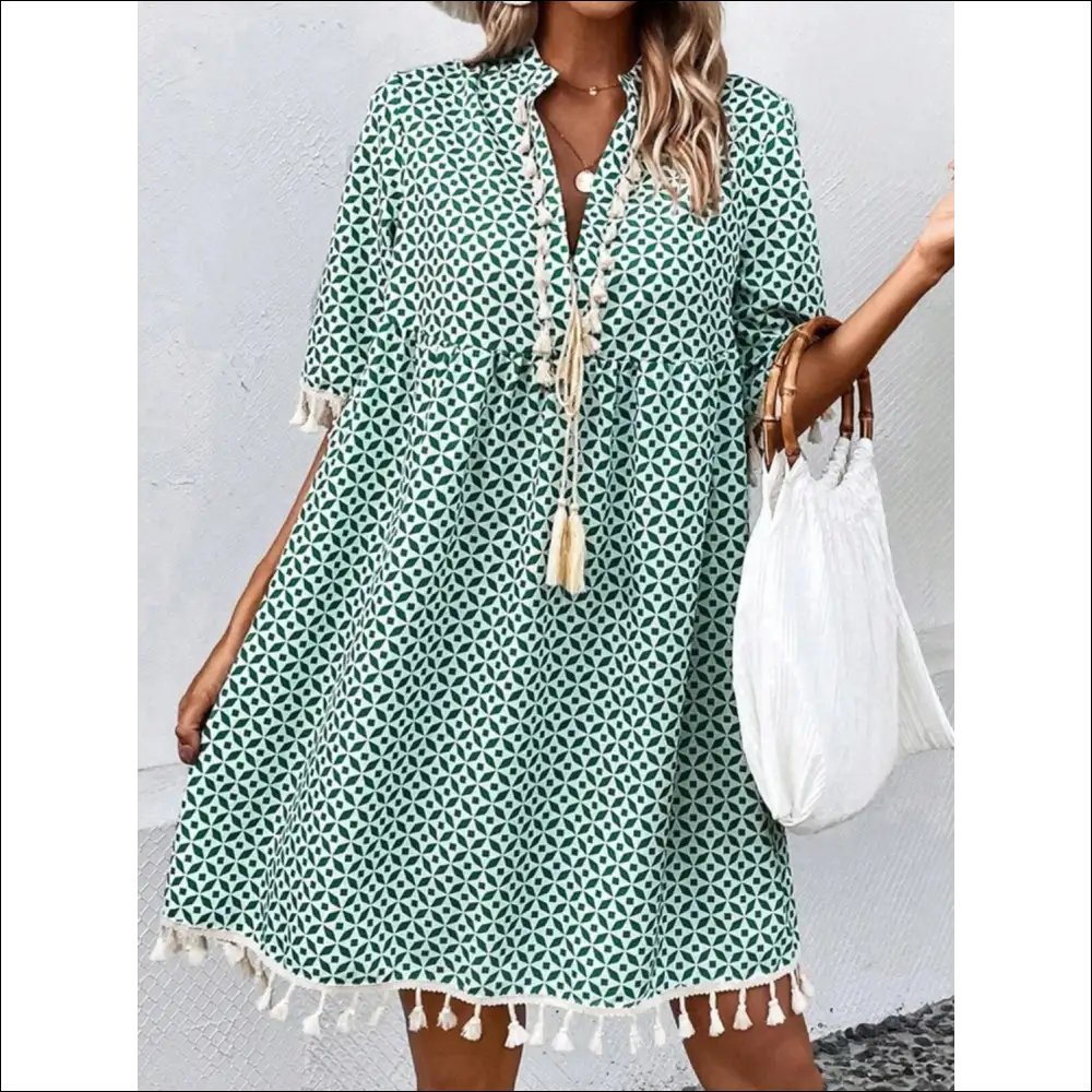 Chic Tassel Printed Notched Half Sleeve Mini Dress - Dresses on Sale Worldwide Shipping