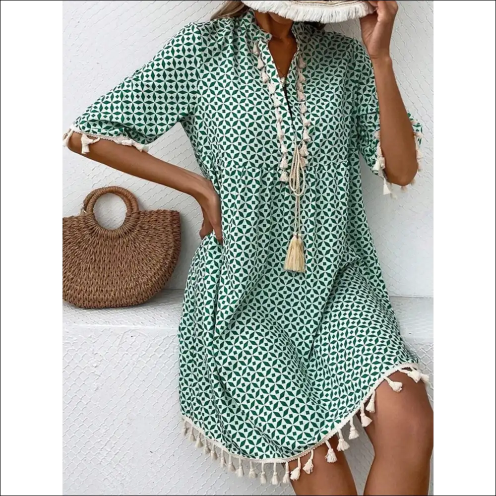 Chic Tassel Printed Notched Half Sleeve Mini Dress - Dresses on Sale Worldwide Shipping