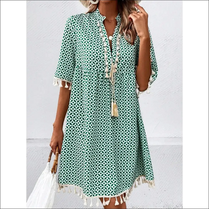 Chic Tassel Printed Notched Half Sleeve Mini Dress - Turquoise / s - Dresses on Sale Worldwide Shipping
