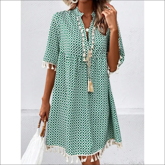 Chic Tassel Printed Notched Half Sleeve Mini Dress - Turquoise / s - Dresses on Sale Worldwide Shipping