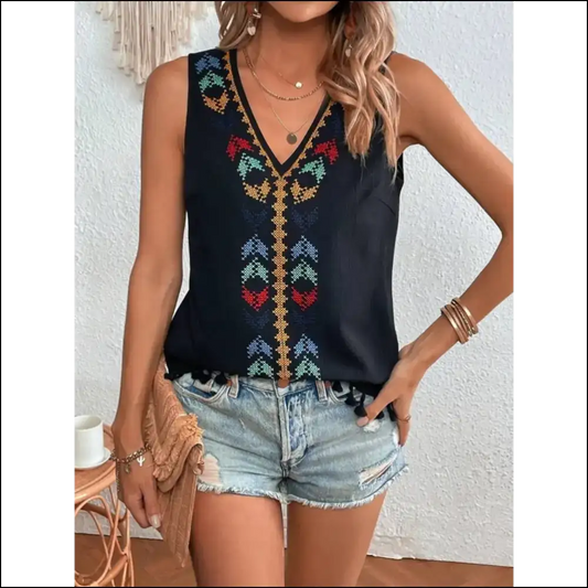 Tassel Printed V-neck Tank - Chic & Playful Style - Black / 2xl - Tops on Sale Worldwide Shipping