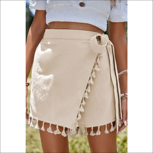 Tassel Trim Wrap Knot Side Mini Skort - Beige / Xl - Skorts Shorts on Sale Worldwide Shipping