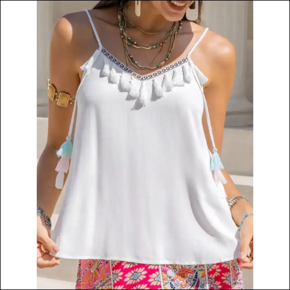 Tassel V-neck Spaghetti Strap Cami - White / s - Tank Tops on Sale Worldwide Shipping