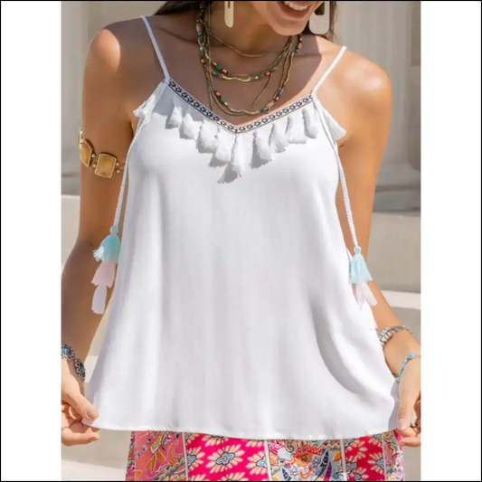 Tassel V-neck Spaghetti Strap Cami - White / s - Tank Tops on Sale Worldwide Shipping