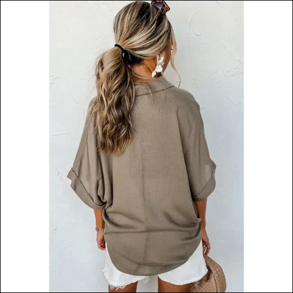 Taupe Collared Half Buttoned Bliss: your Oversized Blouse Dream - Blouses on Sale Worldwide Shipping