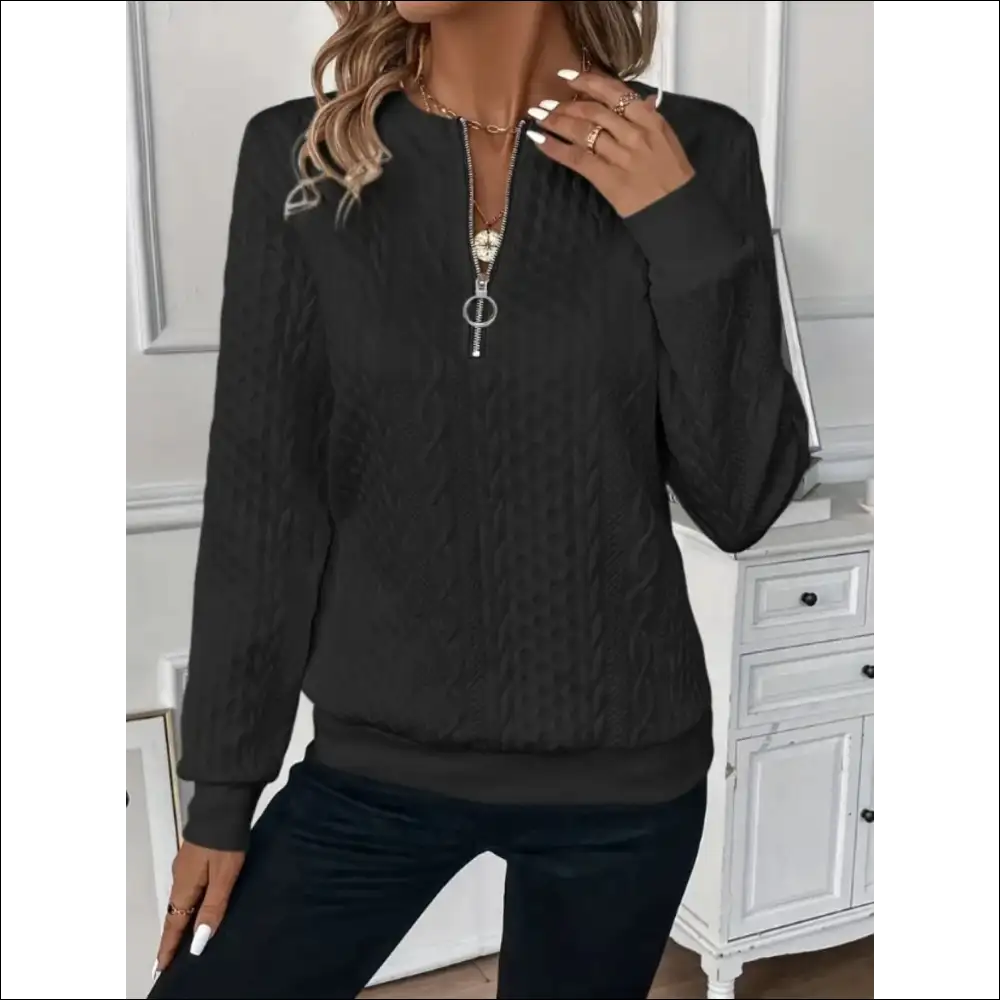 Texture Half Zip Long Sleeve Sweatshirt - Black / s - Sweatshirts & Hoodies on Sale Worldwide Shipping