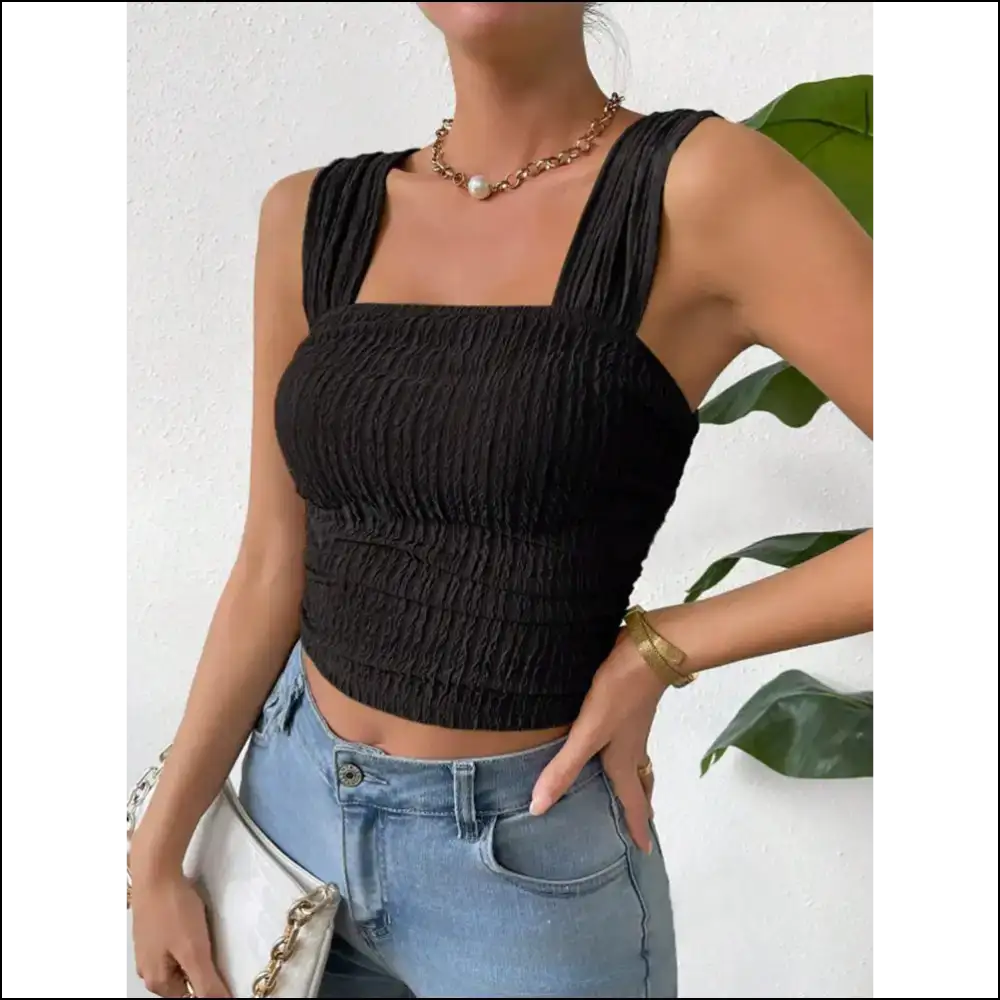 Textured Square Neck Wide Strap Tank - Black / s - Tops on Sale Worldwide Shipping
