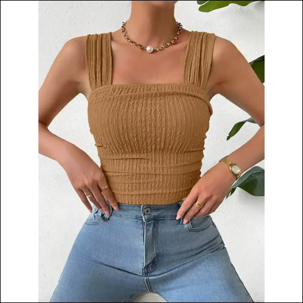 Textured Square Neck Wide Strap Tank - Camel / 2xl - Tops on Sale Worldwide Shipping