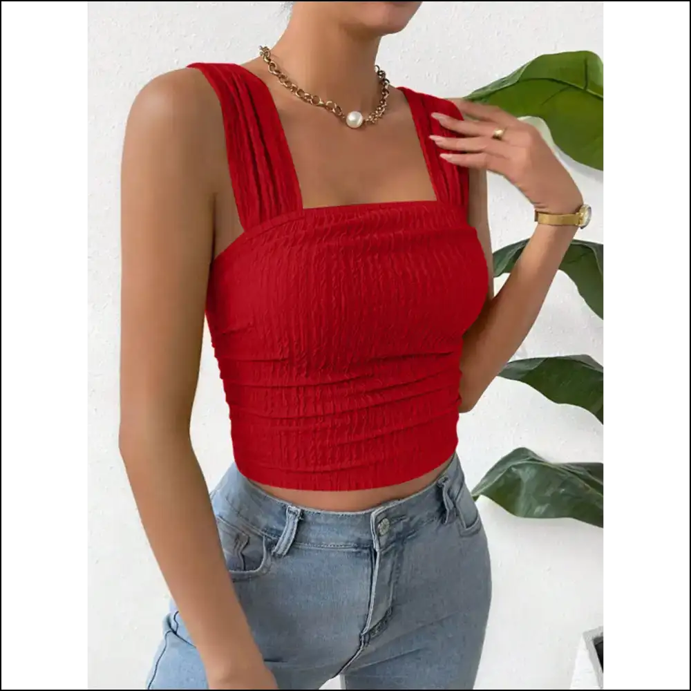 Textured Square Neck Wide Strap Tank - Dusty Red / l - Tops on Sale Worldwide Shipping