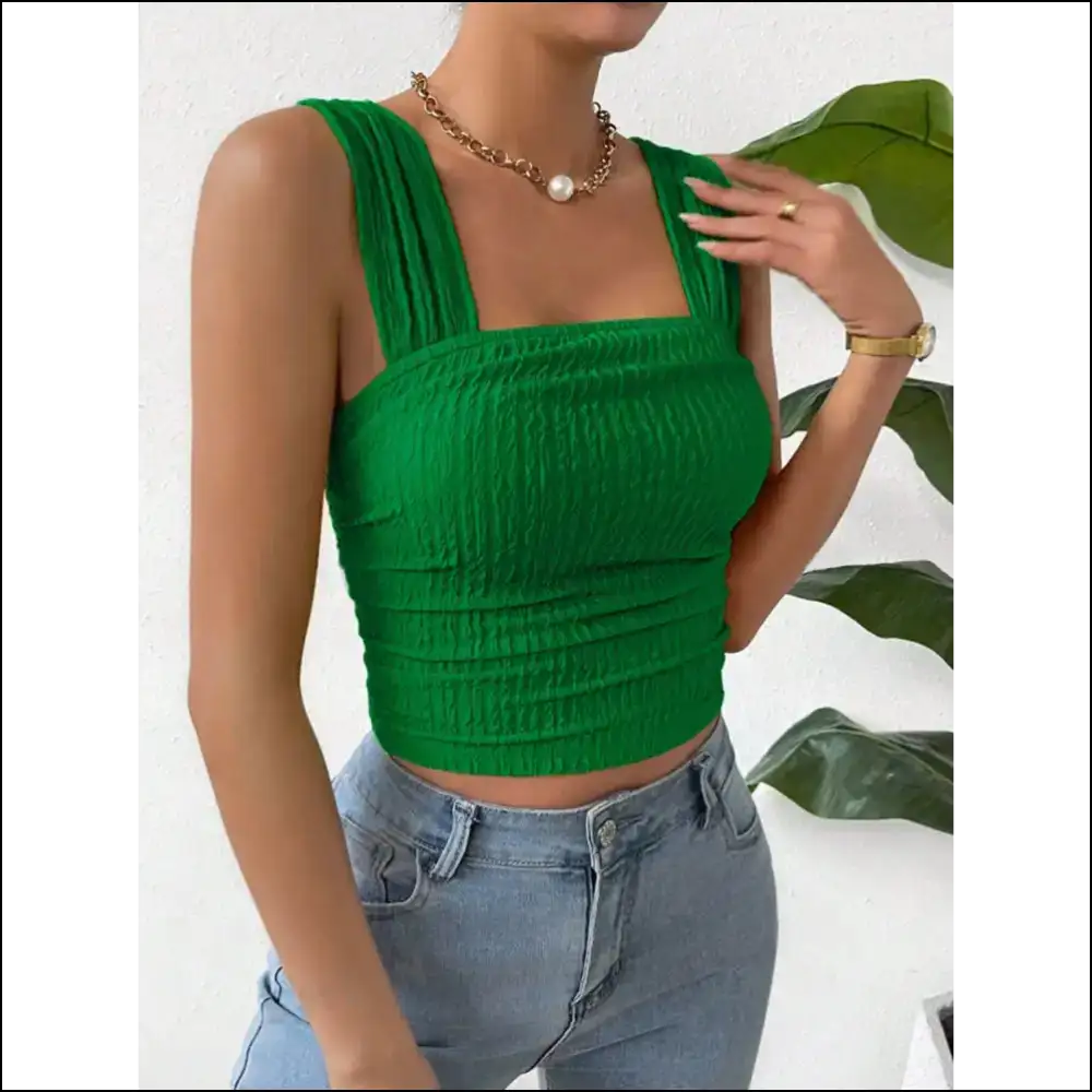Textured Square Neck Wide Strap Tank - Green / s - Tops on Sale Worldwide Shipping