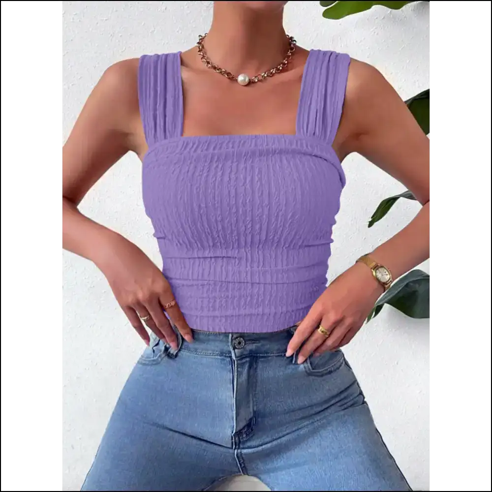 Textured Square Neck Wide Strap Tank - Lavender / s - Tops on Sale Worldwide Shipping