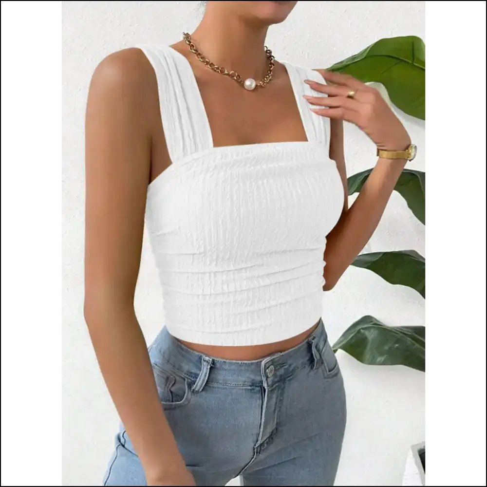 Textured Square Neck Wide Strap Tank - White / s - Tops on Sale Worldwide Shipping