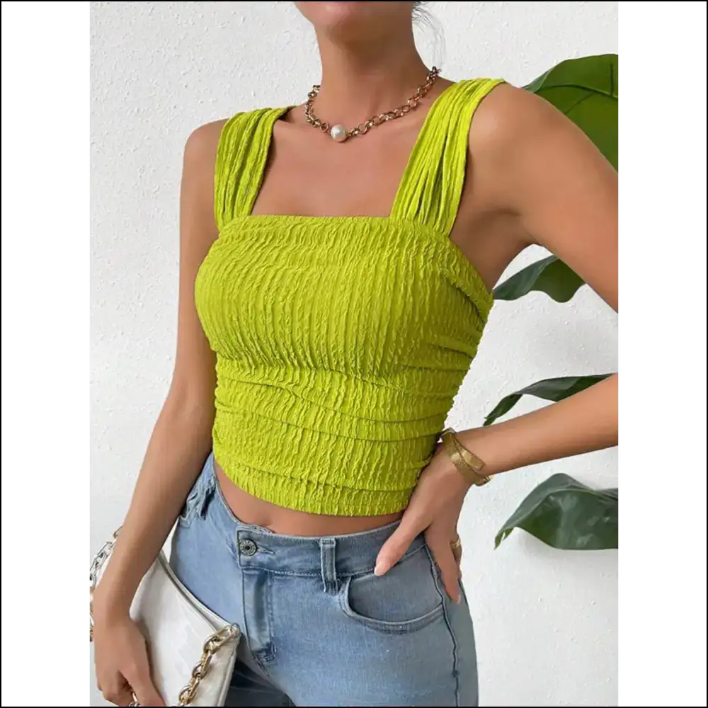 Textured Square Neck Wide Strap Tank - Yellow-green / s - Tops on Sale Worldwide Shipping