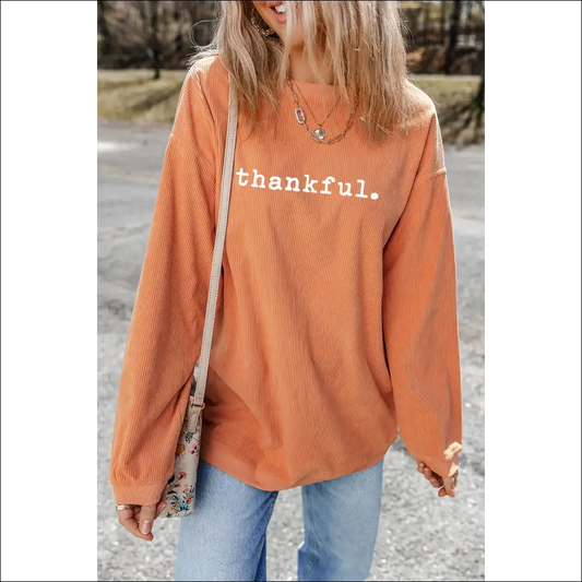 Thankful Round Neck Long Sleeve Sweatshirt - Orange / l - Sweatshirts & Hoodies on Sale Worldwide Shipping