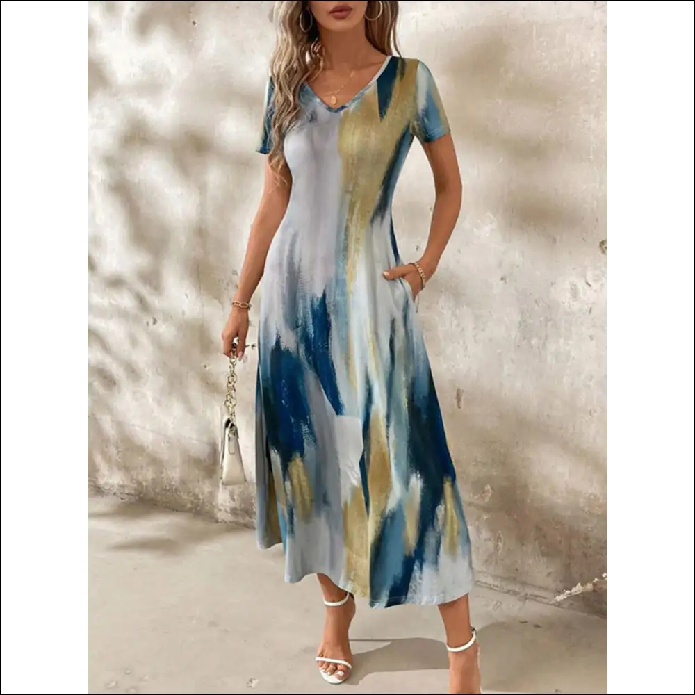 Chic Tie-dye V-neck Midi Tee Dress - Peacock Blue / s - Dresses on Sale Worldwide Shipping