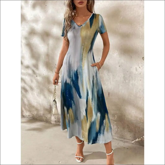 Chic Tie-dye V-neck Midi Tee Dress - Peacock Blue / s - Dresses on Sale Worldwide Shipping