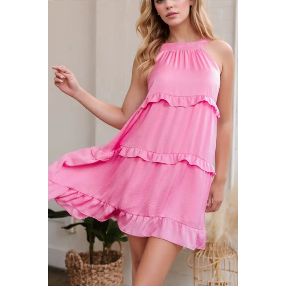 Ruffled Layered Mini Dress with Tied Back - Pink / s - Dresses on Sale Worldwide Shipping