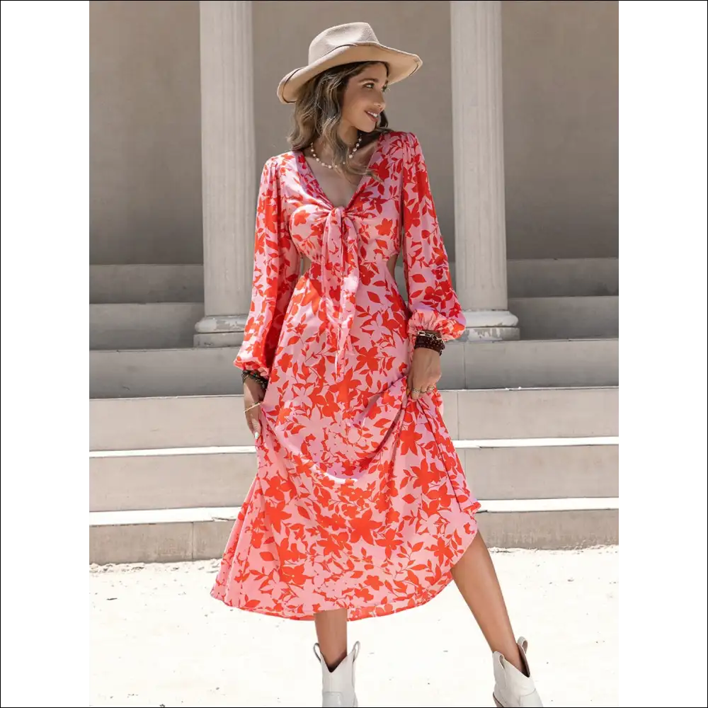 Chic Tied Cutout Printed Long Sleeve Midi Dress - Dresses on Sale Worldwide Shipping
