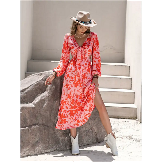 Chic Tied Cutout Printed Long Sleeve Midi Dress - Orange / l - Dresses on Sale Worldwide Shipping