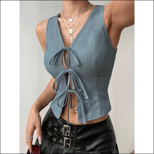 Tied Front V-neck Cropped Tank - Blue / l - Tops on Sale Worldwide Shipping
