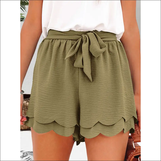 Tied Layered Scalloped Hem Shorts - Moss / m - on Sale Worldwide Shipping
