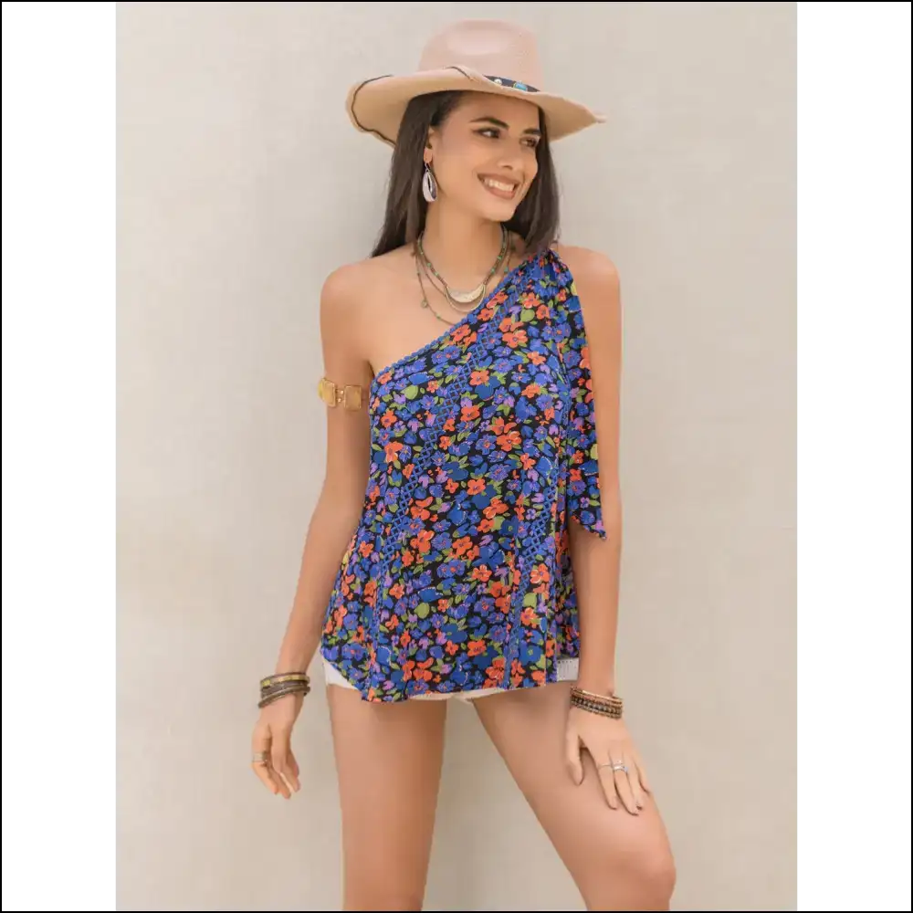 Tied Printed one Shoulder Tank Top - Chic & Stylish - Dark Blue / l - Tops on Sale Worldwide Shipping