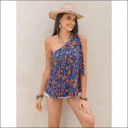 Tied Printed one Shoulder Tank Top - Chic & Stylish - Dark Blue / l - Tops on Sale Worldwide Shipping