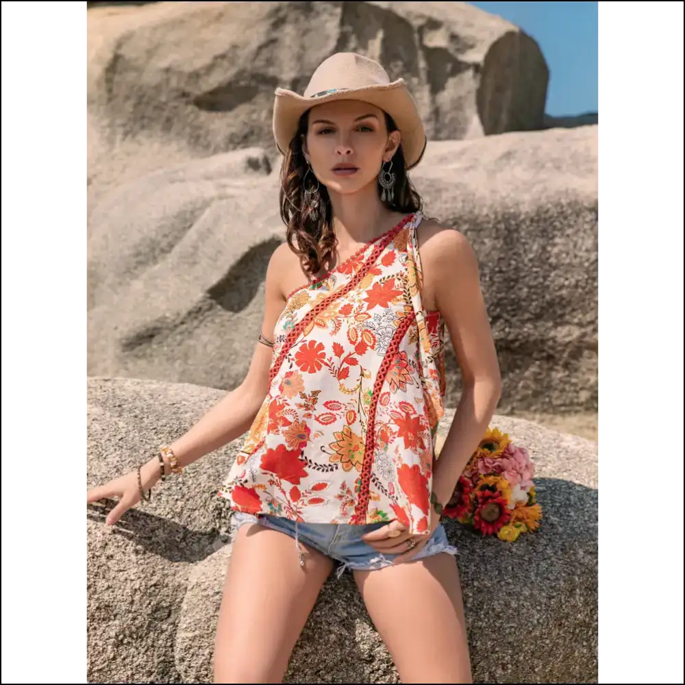 Tied Printed one Shoulder Tank Top - Chic & Stylish - Dusty Red / s - Tops on Sale Worldwide Shipping