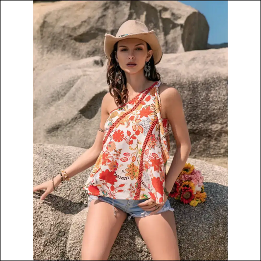 Tied Printed one Shoulder Tank Top - Chic & Stylish - Dusty Red / s - Tops on Sale Worldwide Shipping
