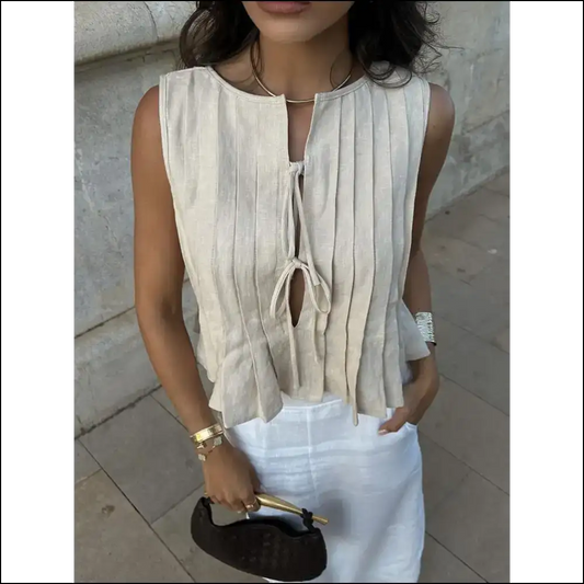 Tied Round Neck Tank Top: Fashionably Ready for a Catwalk or Nap! 😄✨ - Tan / s - Tops on Sale Worldwide Shipping