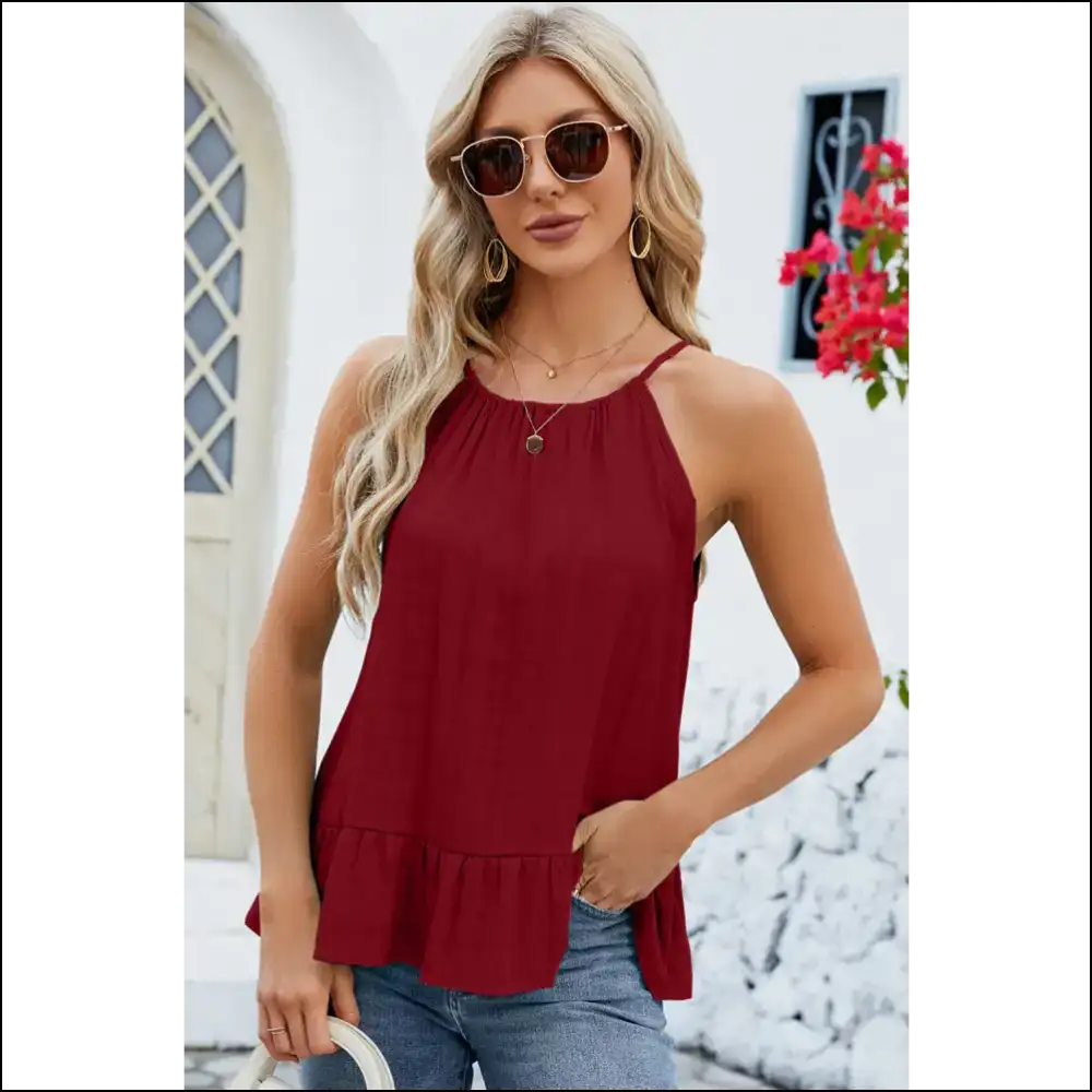 Tied Ruffled Round Neck Cami - Chic Elegance for you - Strawberry / s - Tank Tops on Sale Worldwide Shipping
