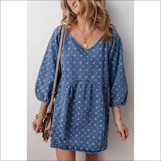Tied V-neck Mini Denim Dress - Medium / Xl - Dresses on Sale Worldwide Shipping