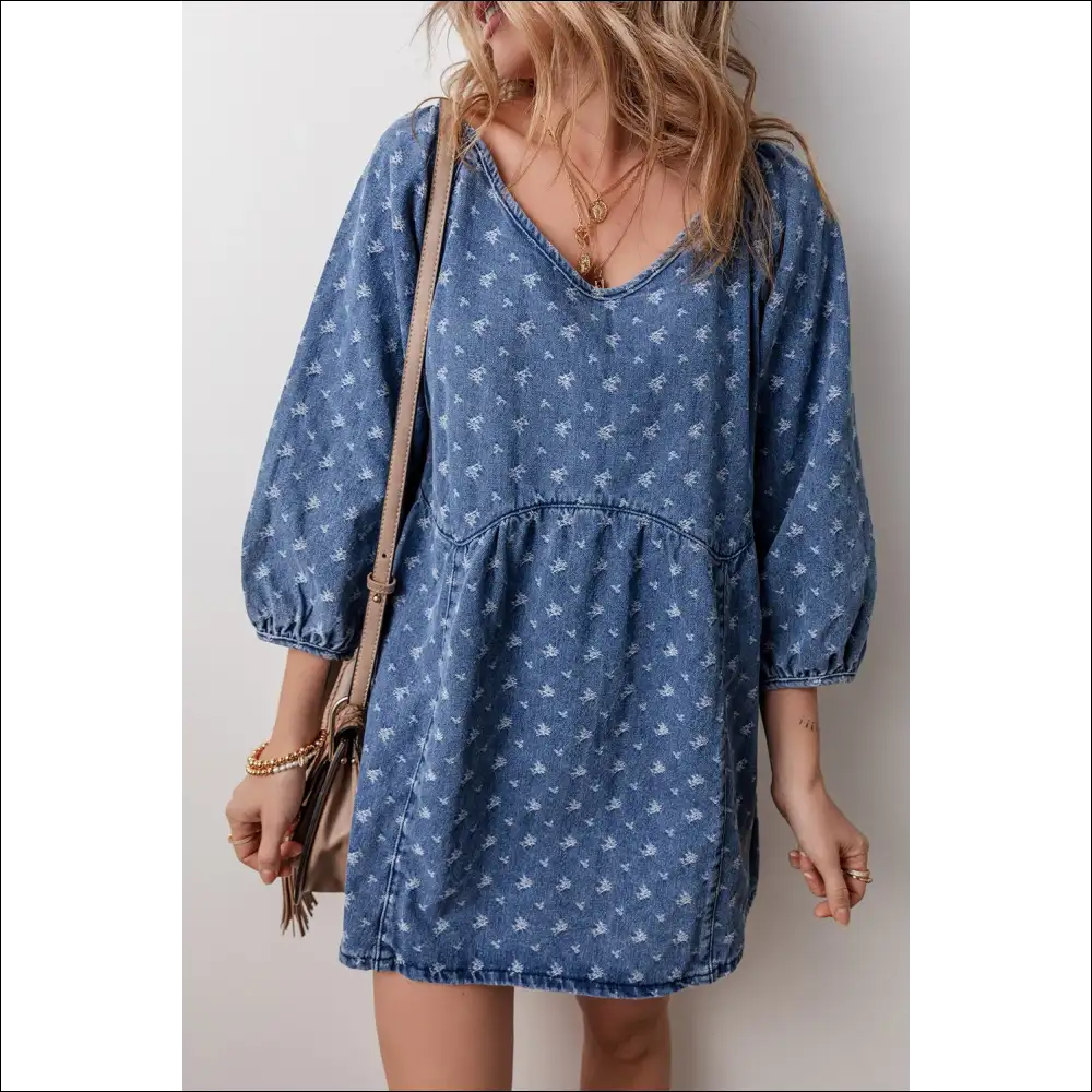 Tied V-neck Mini Denim Dress - Dresses on Sale Worldwide Shipping