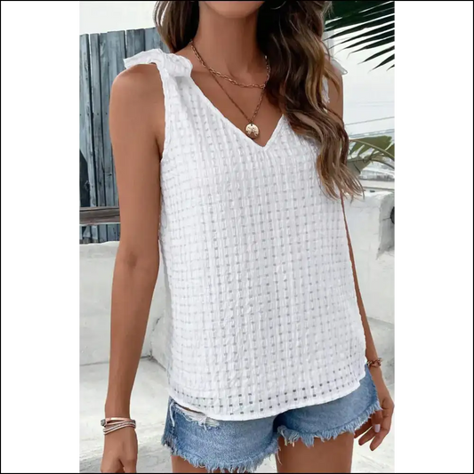 Tied V-neck Wide Strap Tank - White / l - Tops on Sale Worldwide Shipping