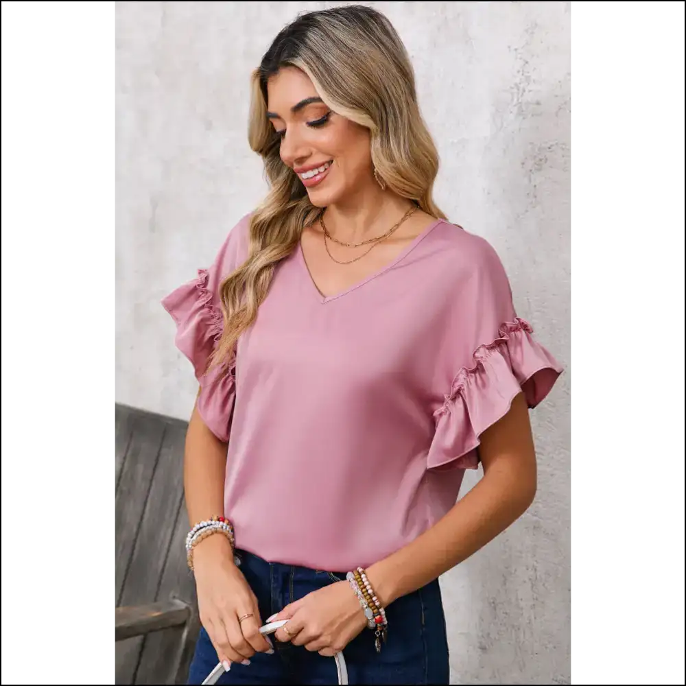 Toadstool Satin Ruffle Sleeve v Neck Blouse Mushroom Magic - Blouses on Sale Worldwide Shipping