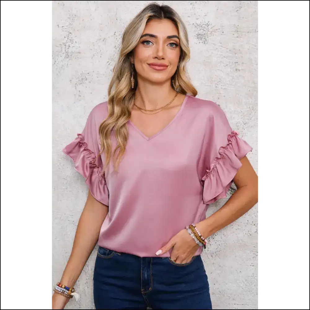 Toadstool Satin Ruffle Sleeve v Neck Blouse Mushroom Magic - Blouses on Sale Worldwide Shipping