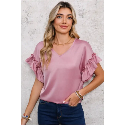 Toadstool Satin Ruffle Sleeve v Neck Blouse Mushroom Magic - Blouses on Sale Worldwide Shipping