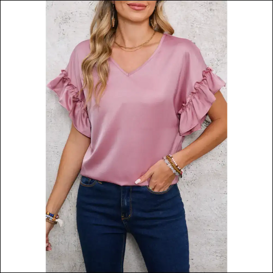 Toadstool Satin Ruffle Sleeve v Neck Blouse Mushroom Magic - s - Blouses on Sale Worldwide Shipping