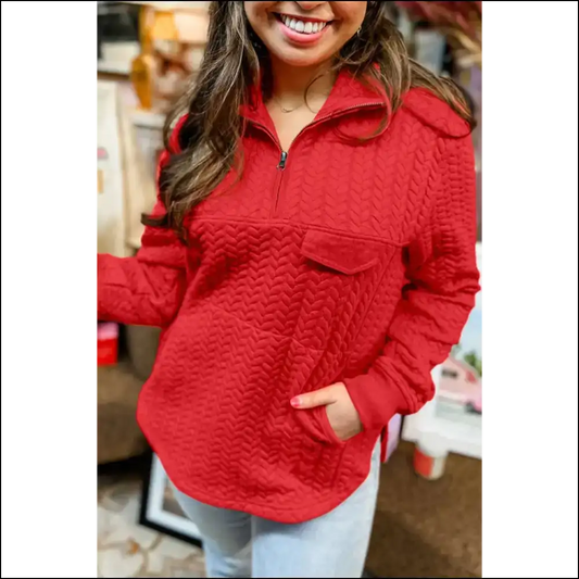 Tomato Red Quarter Zip: Curvalicious 😈 Needful Things - 1x - Plus Size Tops on Sale Worldwide Shipping