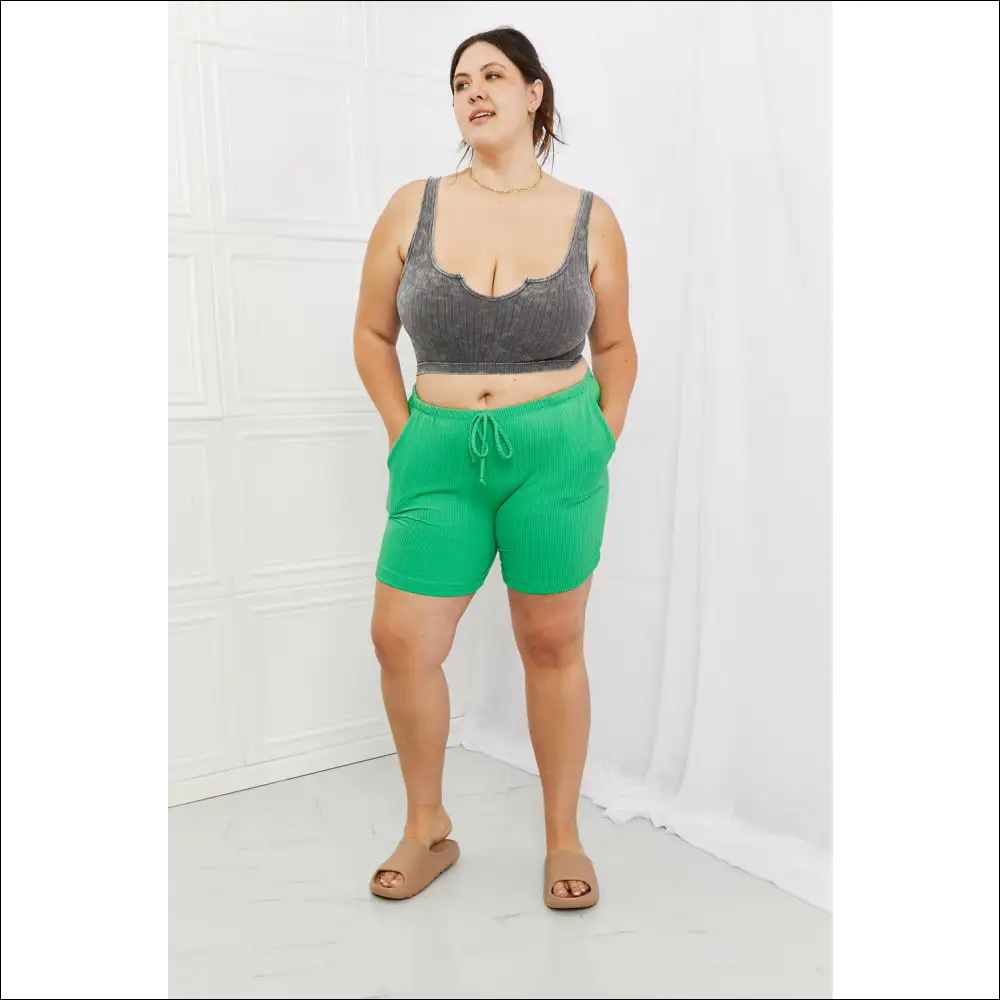 Too Good Full Size Ribbed Shorts in Green - on Sale Worldwide Shipping