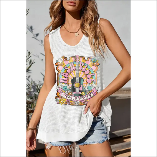 Trendy Graphic Wide Strap Tank Top - White / Xl - Tops on Sale Worldwide Shipping