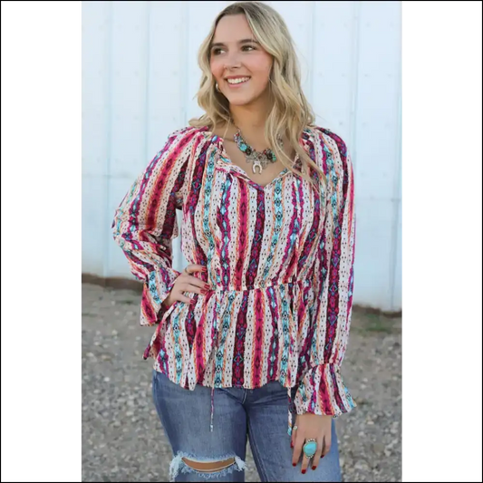 Trendy Multicolour Western Print Split Neck Peplum Blouse - Blouses on Sale Worldwide Shipping
