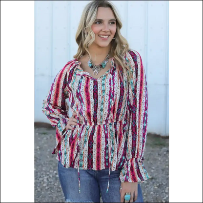 Trendy Multicolour Western Print Split Neck Peplum Blouse - Blouses on Sale Worldwide Shipping