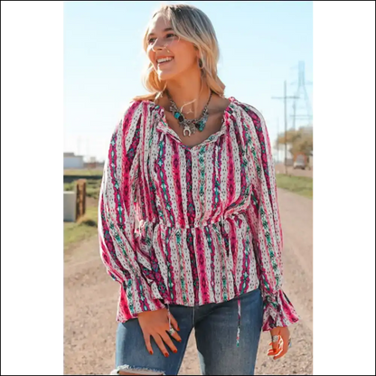 Trendy Multicolour Western Print Split Neck Peplum Blouse - Blouses on Sale Worldwide Shipping