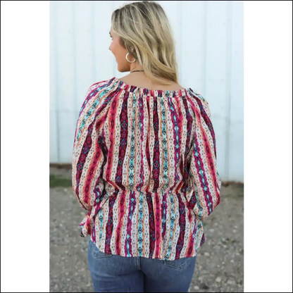 Trendy Multicolour Western Print Split Neck Peplum Blouse - Blouses on Sale Worldwide Shipping