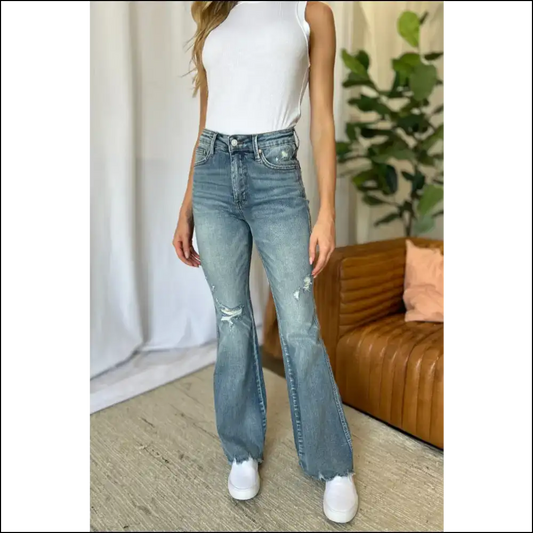 Tummy Trouble? Say Bye-bye with Judy Blue’s Destroy Flare Jeans! 😂✨ - Medium / 7/28 - Jeans on Sale Worldwide Shipping