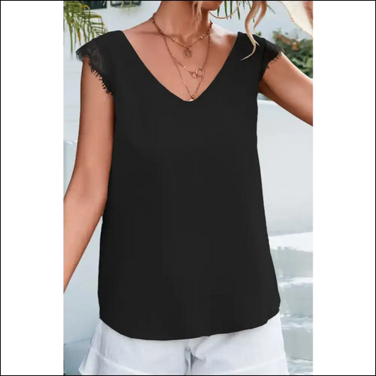 Turn Heads and Drop Jaws in our Lace Eyelash Trim V-neck Tank! - Black / l - Tank Tops on Sale Worldwide Shipping
