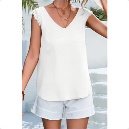 Turn Heads and Drop Jaws in our Lace Eyelash Trim V-neck Tank! - White / m - Tank Tops on Sale Worldwide Shipping